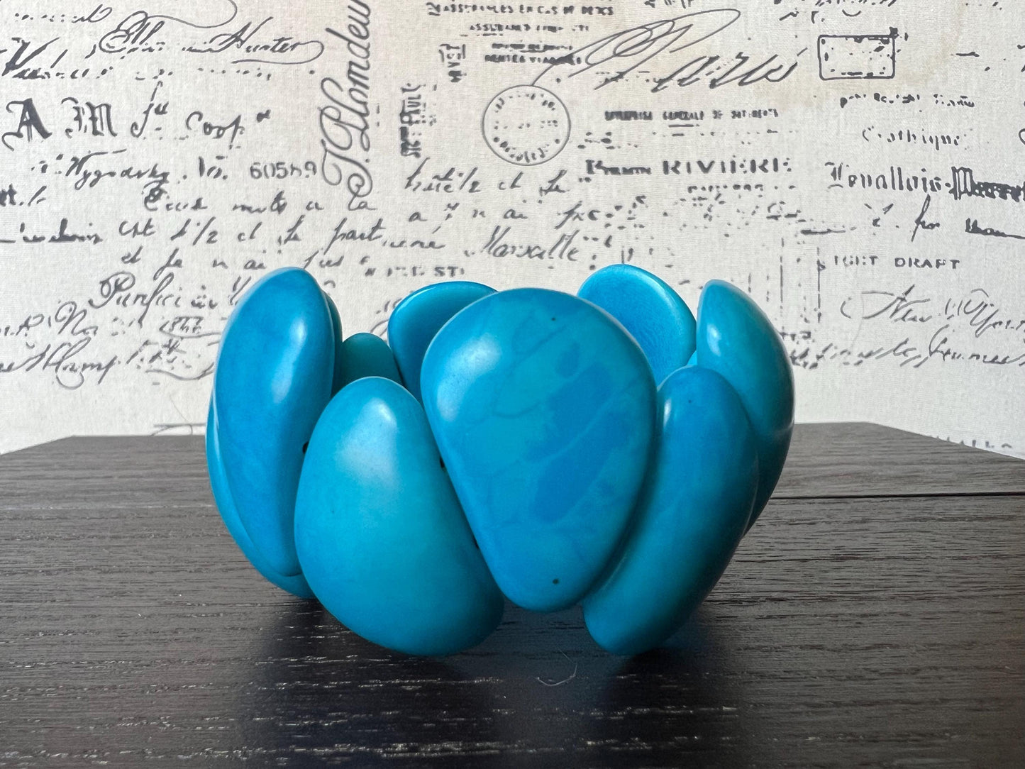 Turquoise blue chunky bracelet Tagua jewelry Big bracelet for women Raindrop bracelet Statement bangle Art to wear Elastic stretch bracelet
