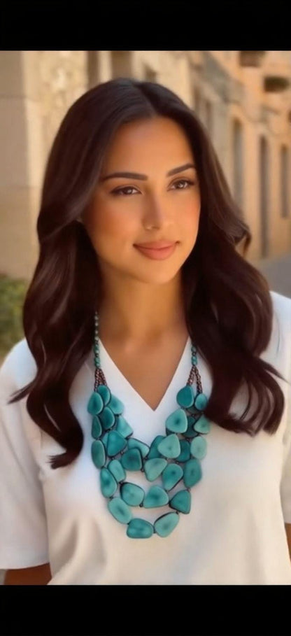 Turquoise green statement necklace Adjustable cord Tagua jewelry Big bold necklaces Multi layer beaded necklace Wearable art Fall fashion