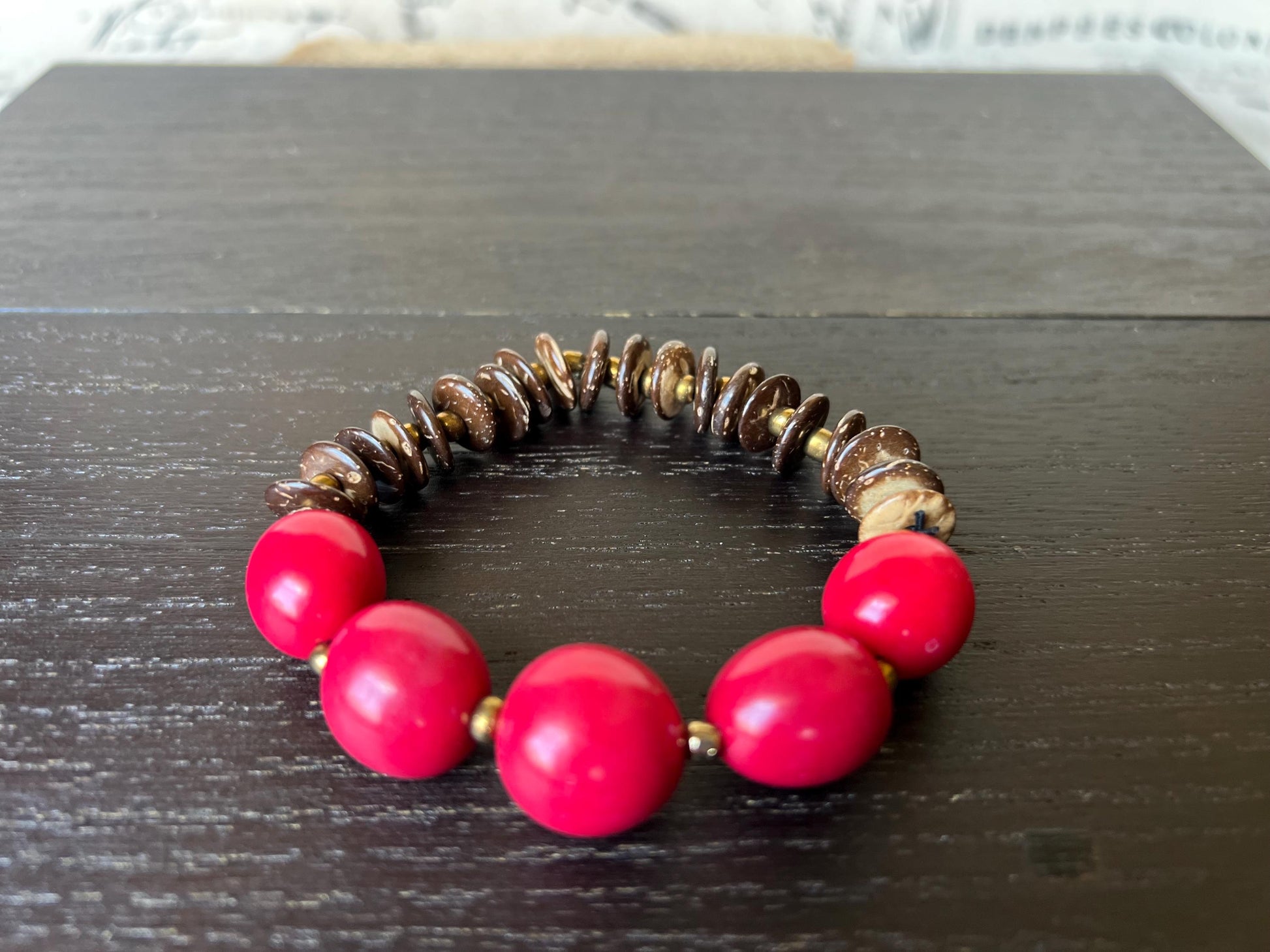 Red beaded bracelet Tagua and coconut jewelry Fall fashion Artsy gifts Fun unusual bracelet Art to wear Elastic stretch bangle
