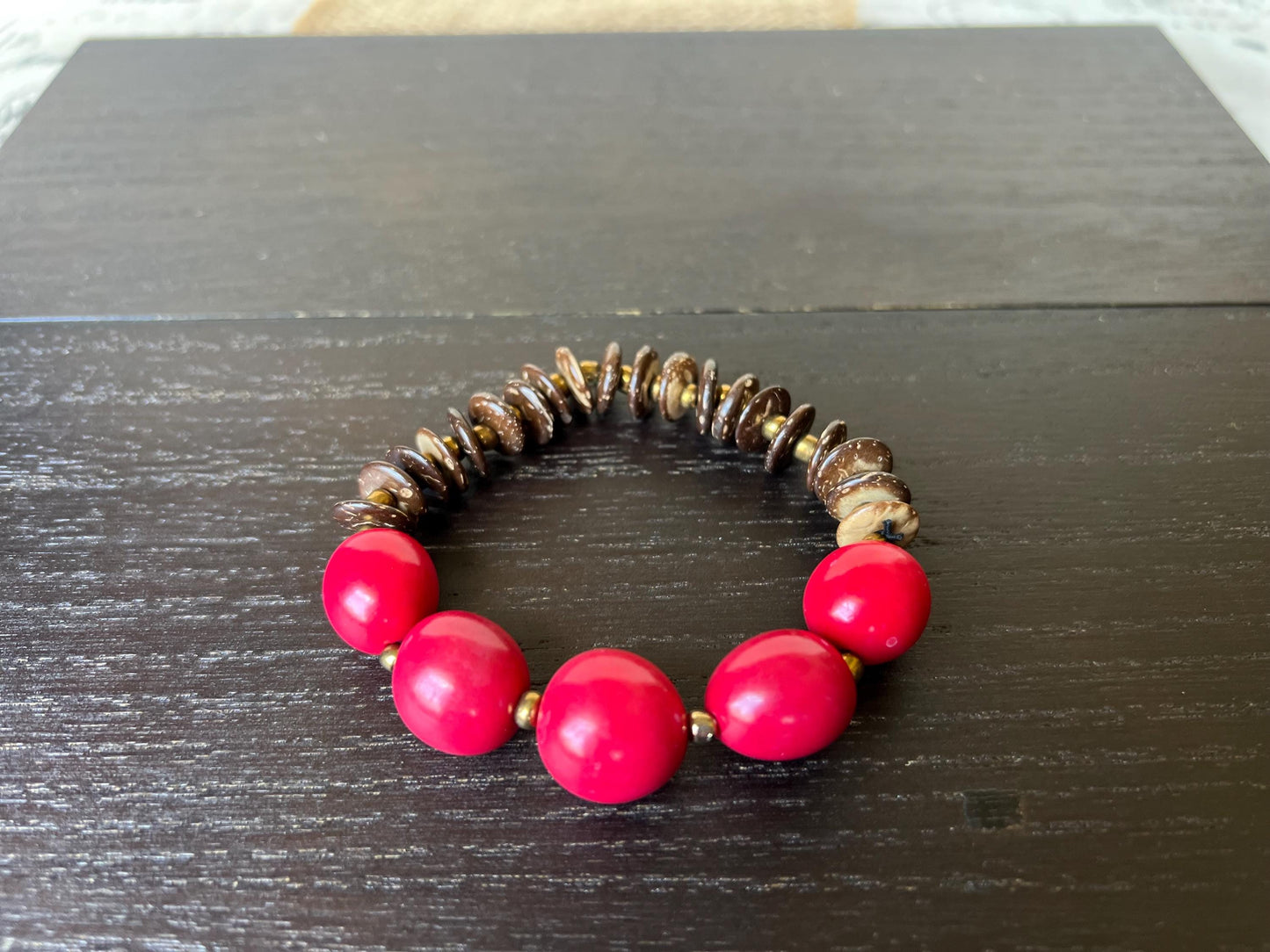 Red beaded bracelet Tagua and coconut jewelry Fall fashion Artsy gifts Fun unusual bracelet Art to wear Elastic stretch bangle