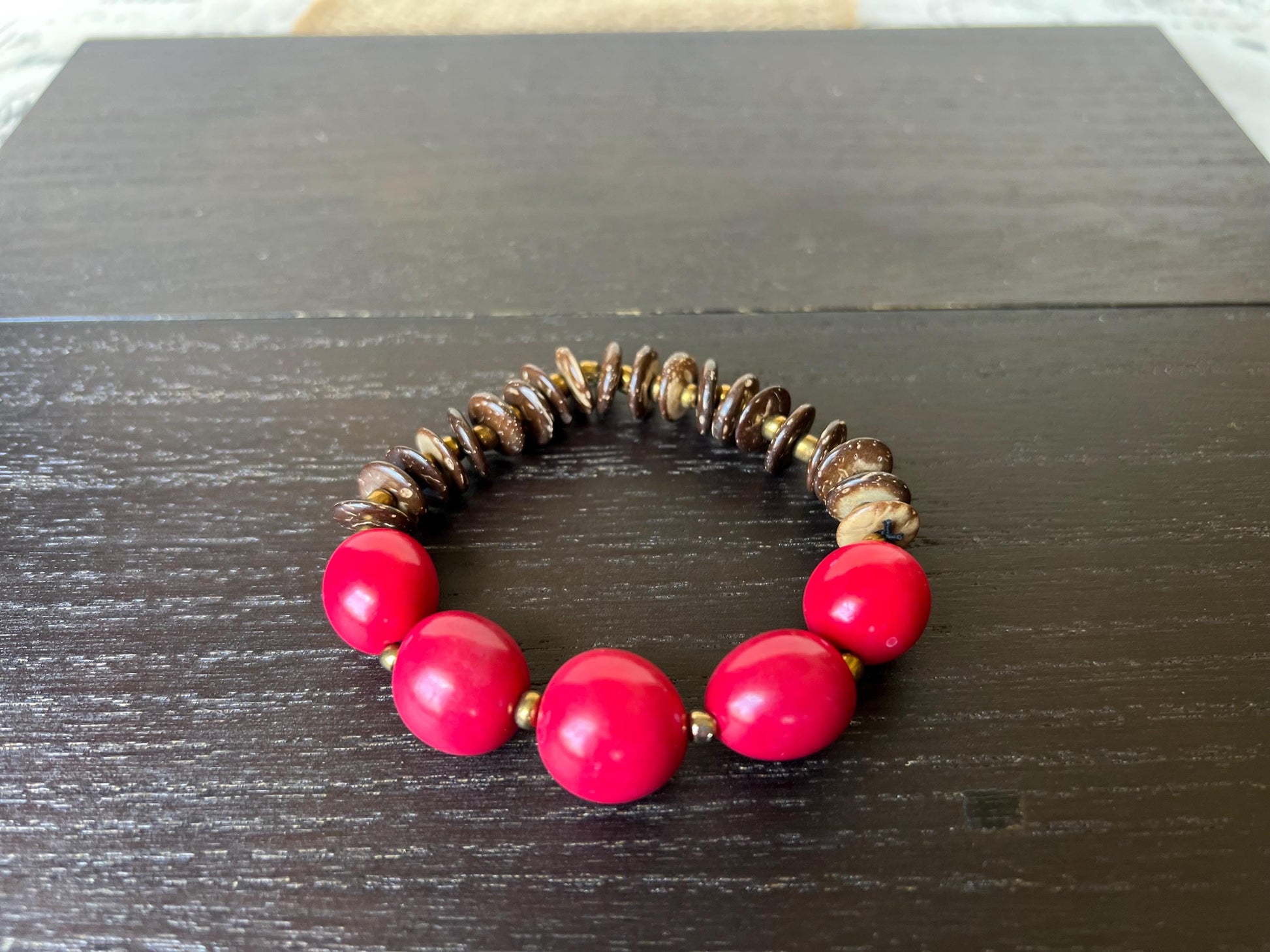 Red beaded bracelet Tagua and coconut jewelry Fall fashion Artsy gifts Fun unusual bracelet Art to wear Elastic stretch bangle