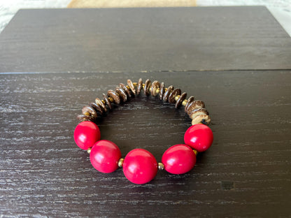 Red beaded bracelet Tagua and coconut jewelry Fall fashion Artsy gifts Fun unusual bracelet Art to wear Elastic stretch bangle
