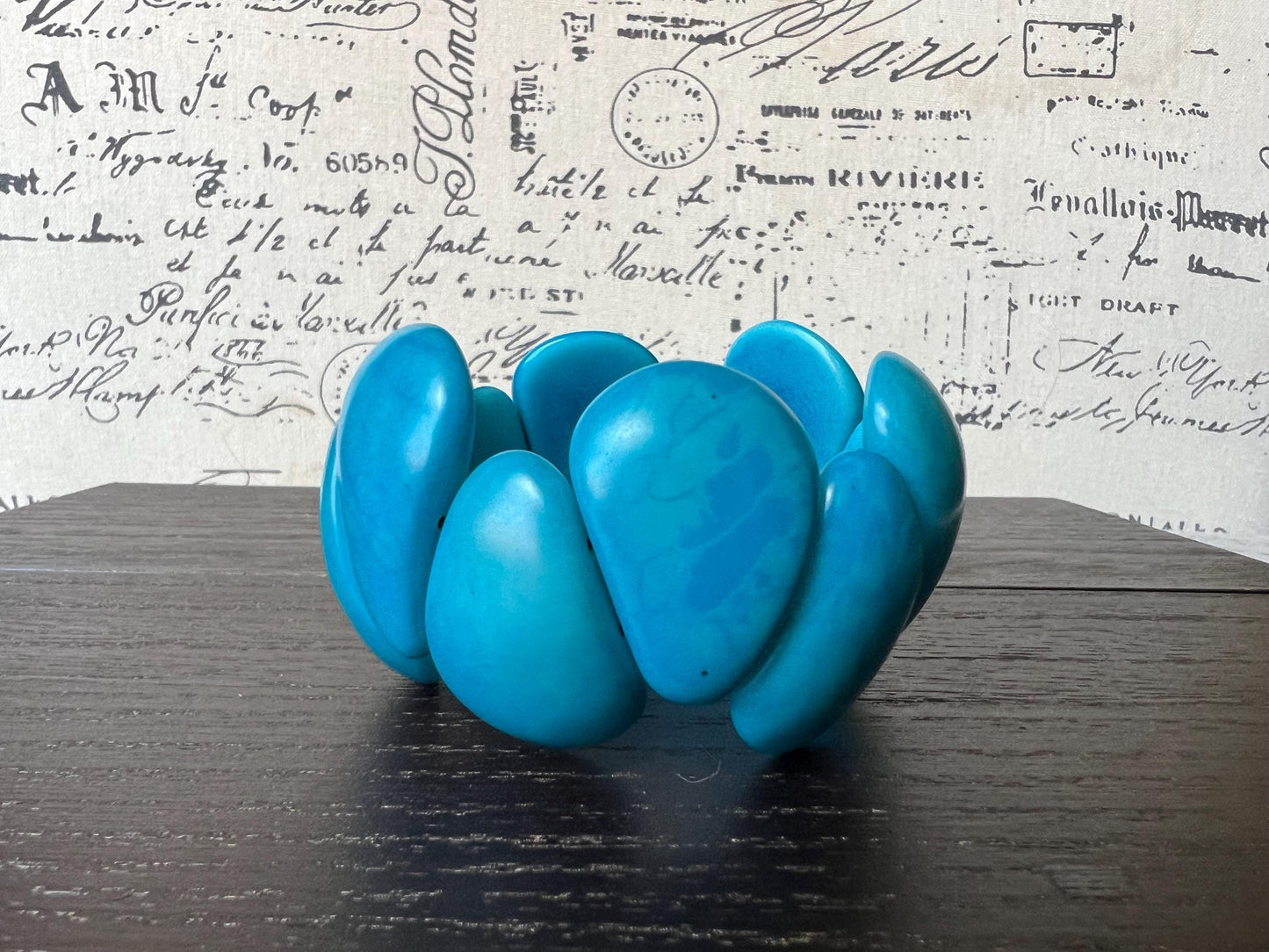 Turquoise blue chunky bracelet Tagua jewelry Big bracelet for women Raindrop bracelet Statement bangle Art to wear Elastic stretch bracelet