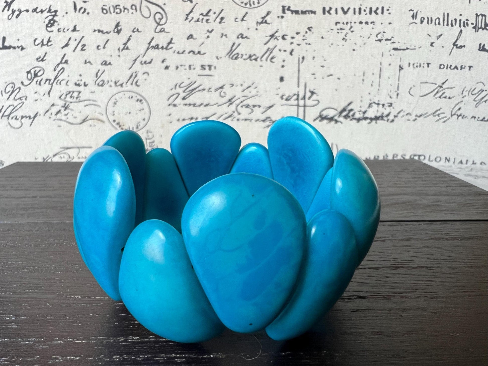 Turquoise blue chunky bracelet Tagua jewelry Big bracelet for women Raindrop bracelet Statement bangle Art to wear Elastic stretch bracelet