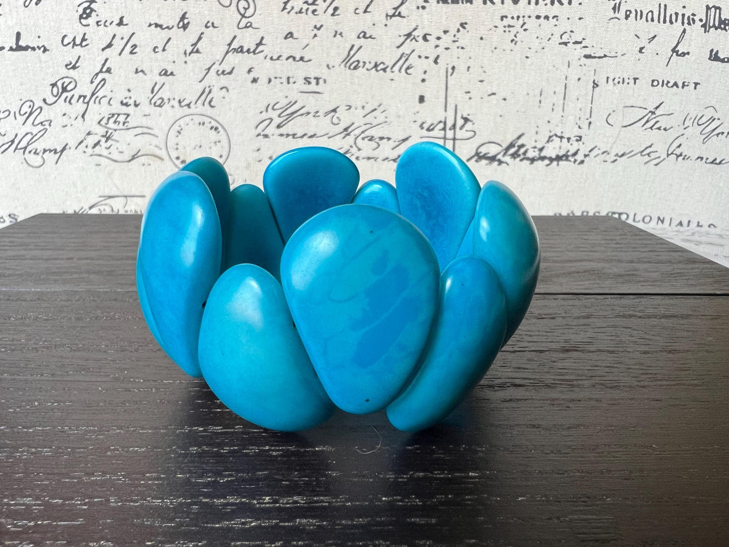 Turquoise blue chunky bracelet Tagua jewelry Big bracelet for women Raindrop bracelet Statement bangle Art to wear Elastic stretch bracelet