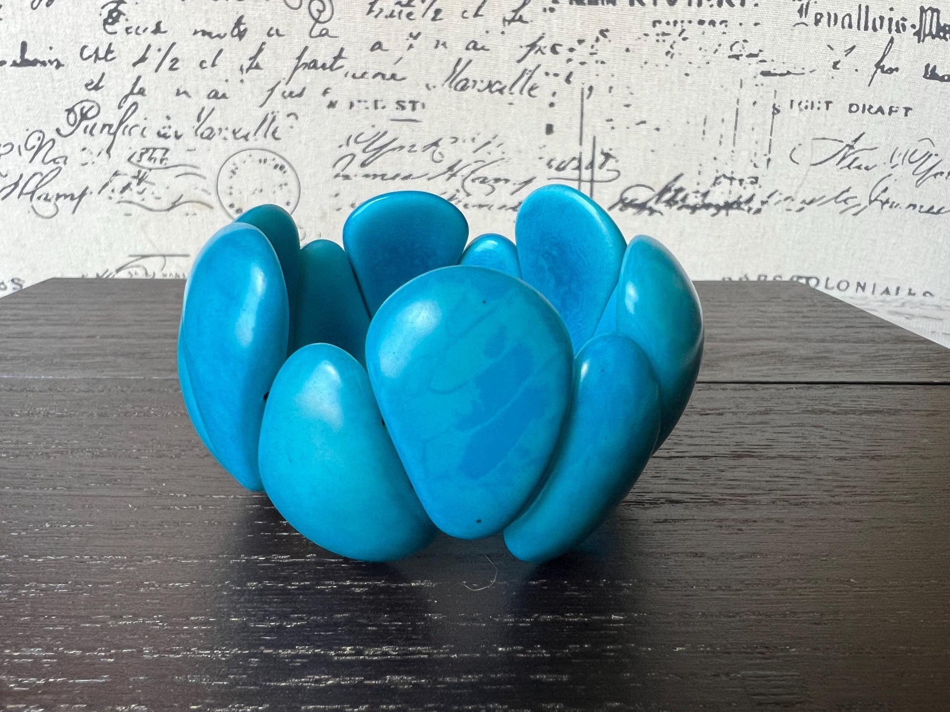 Turquoise blue chunky bracelet Tagua jewelry Big bracelet for women Raindrop bracelet Statement bangle Art to wear Elastic stretch bracelet