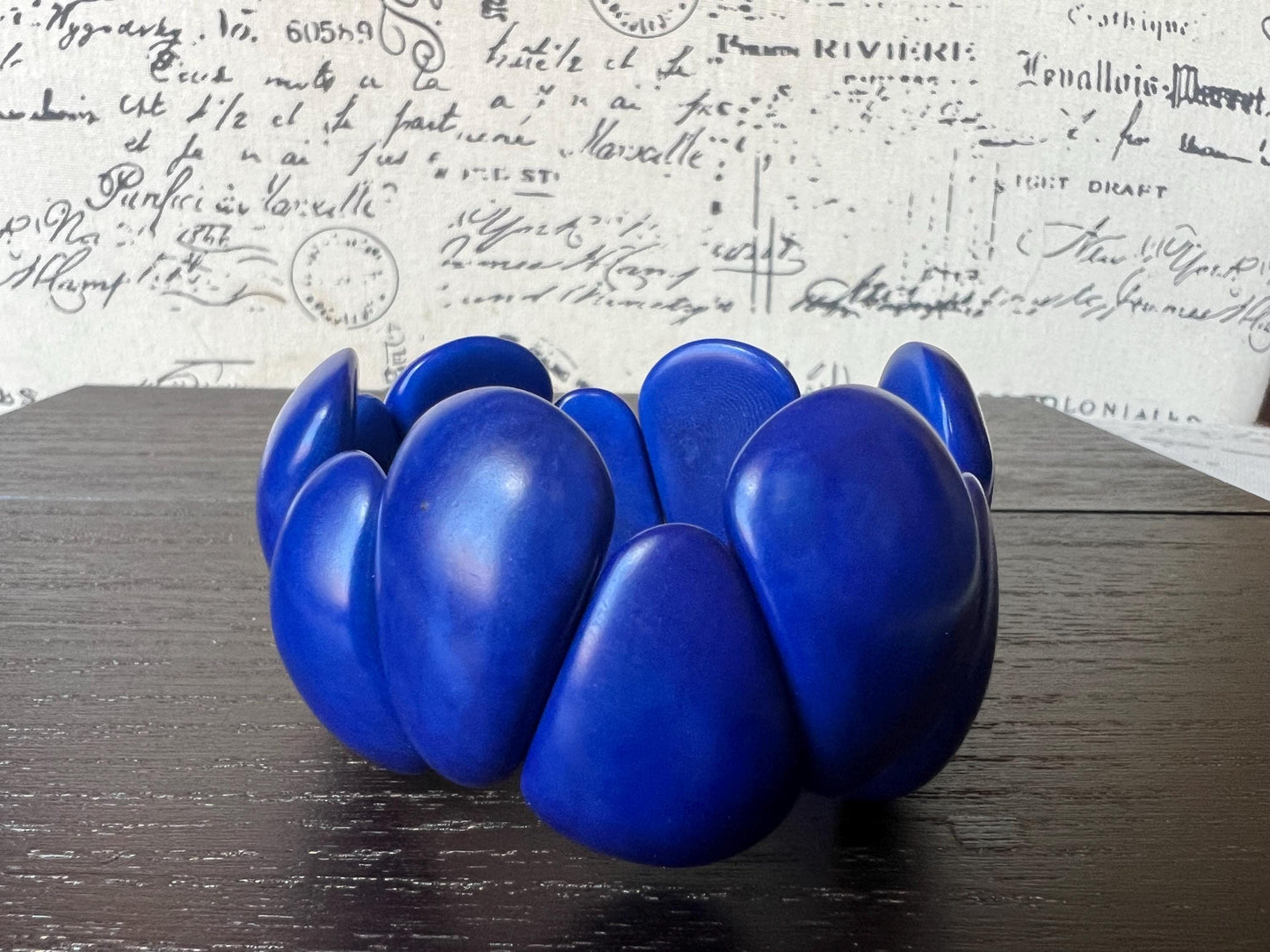 Royal blue chunky bracelet Tagua jewelry Raindrop bracelet Statement bangle Art to wear Elastic stretch chunky bracelet Fall fashion