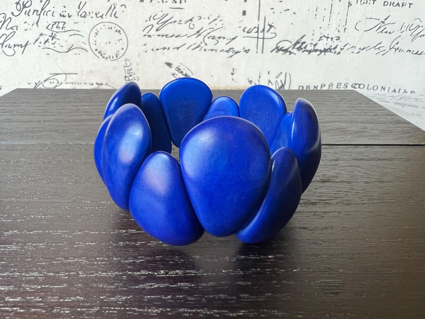 Royal blue chunky bracelet Tagua jewelry Raindrop bracelet Statement bangle Art to wear Elastic stretch chunky bracelet Fall fashion