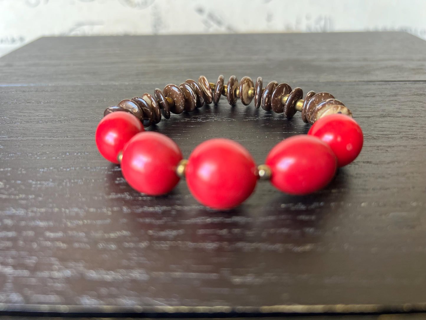 Red beaded bracelet Tagua and coconut jewelry Fall fashion Artsy gifts Fun unusual bracelet Art to wear Elastic stretch bangle