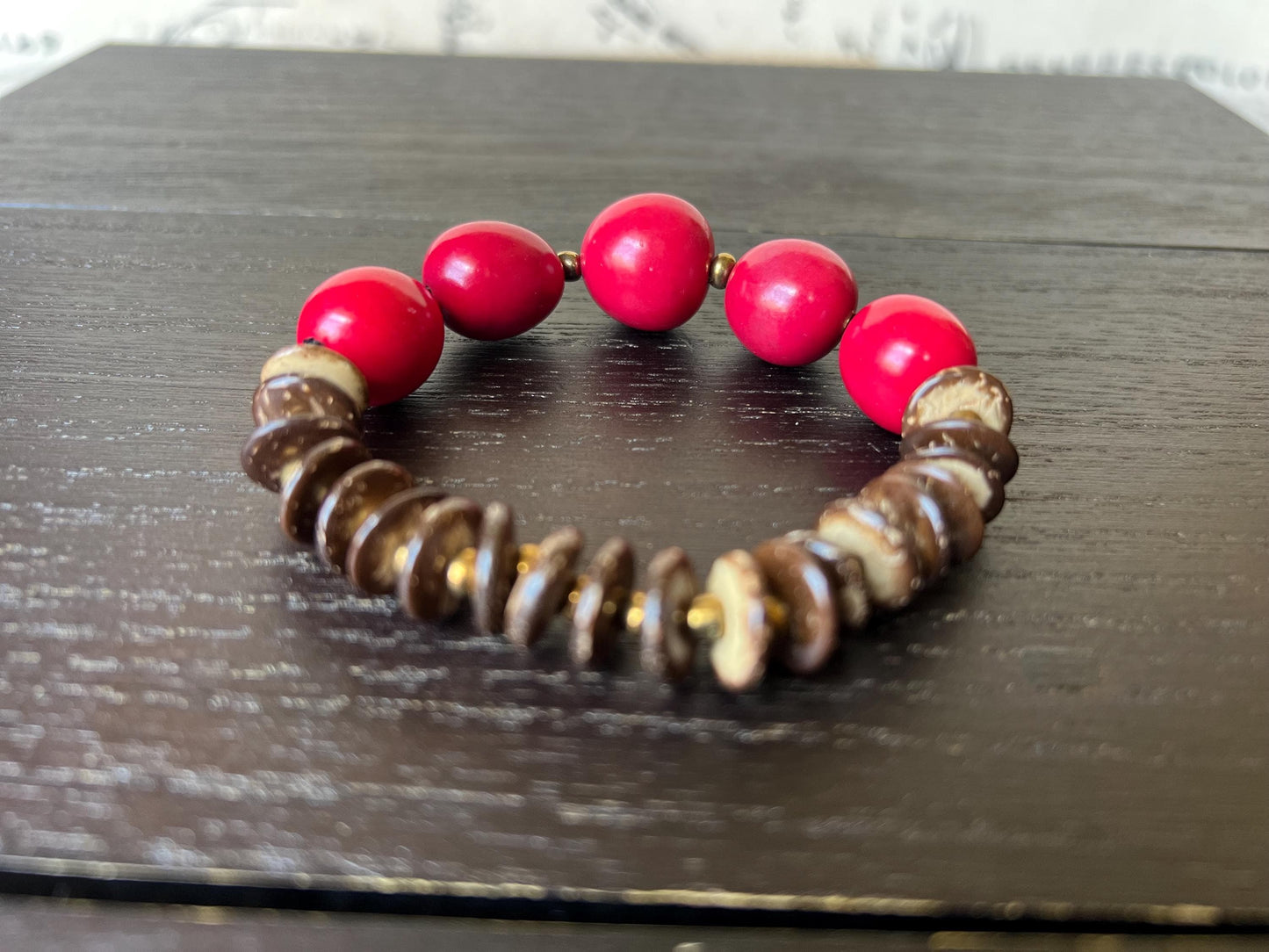 Red beaded bracelet Tagua and coconut jewelry Fall fashion Artsy gifts Fun unusual bracelet Art to wear Elastic stretch bangle