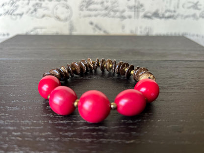 Red beaded bracelet Tagua and coconut jewelry Fall fashion Artsy gifts Fun unusual bracelet Art to wear Elastic stretch bangle