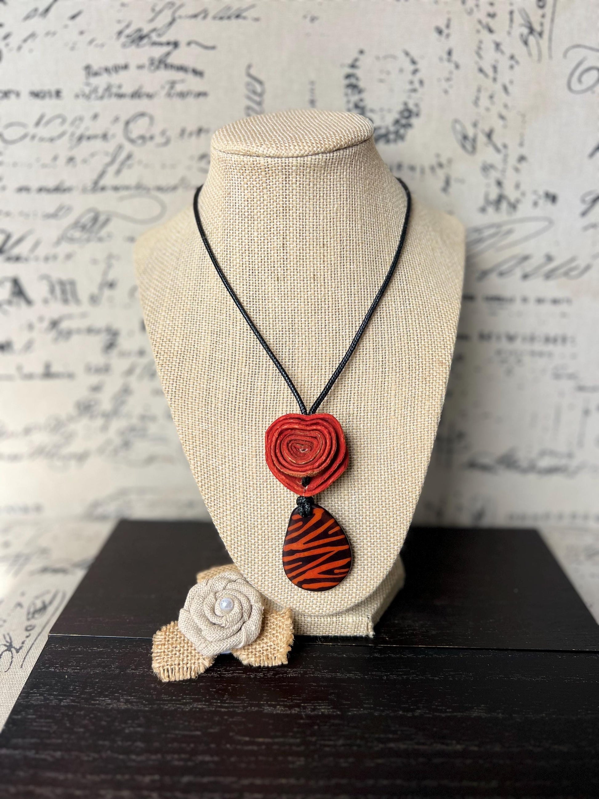 Orange rose pendant necklace Dainty flower necklace Adjustable cord Art to wear Artistic necklace Feminine artsy gifts