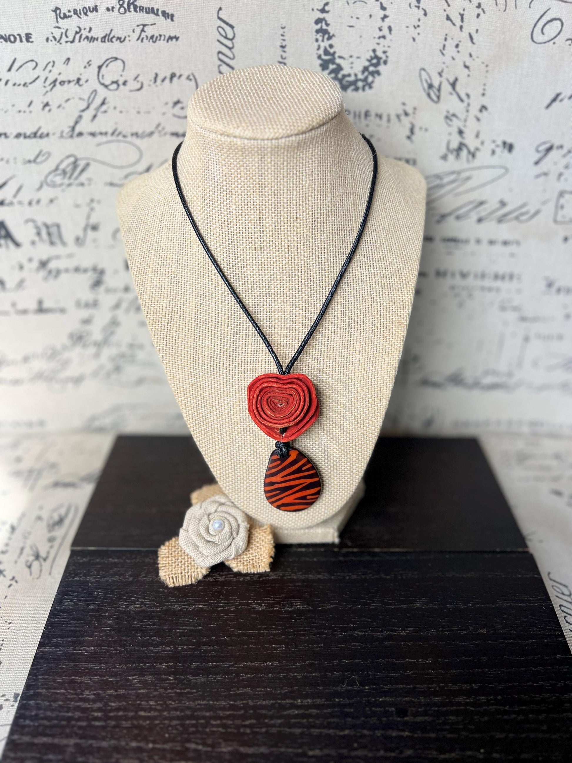 Orange rose pendant necklace Dainty flower necklace Adjustable cord Art to wear Artistic necklace Feminine artsy gifts