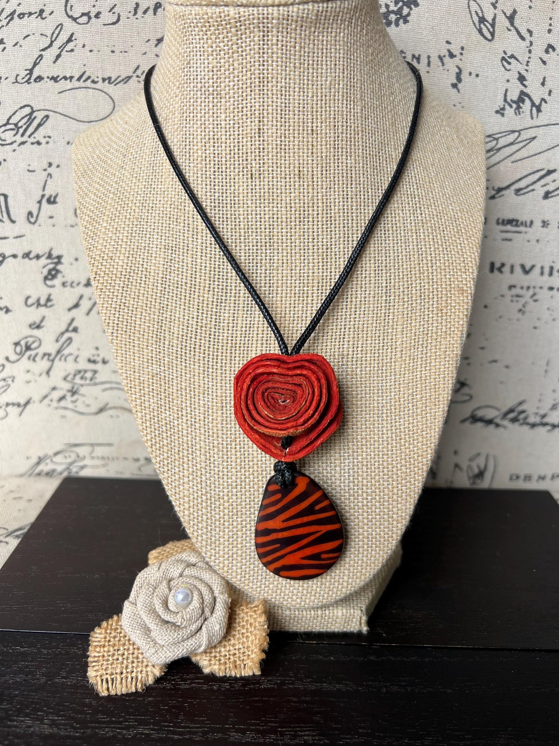 Orange rose pendant necklace Dainty flower necklace Adjustable cord Art to wear Artistic necklace Feminine artsy gifts