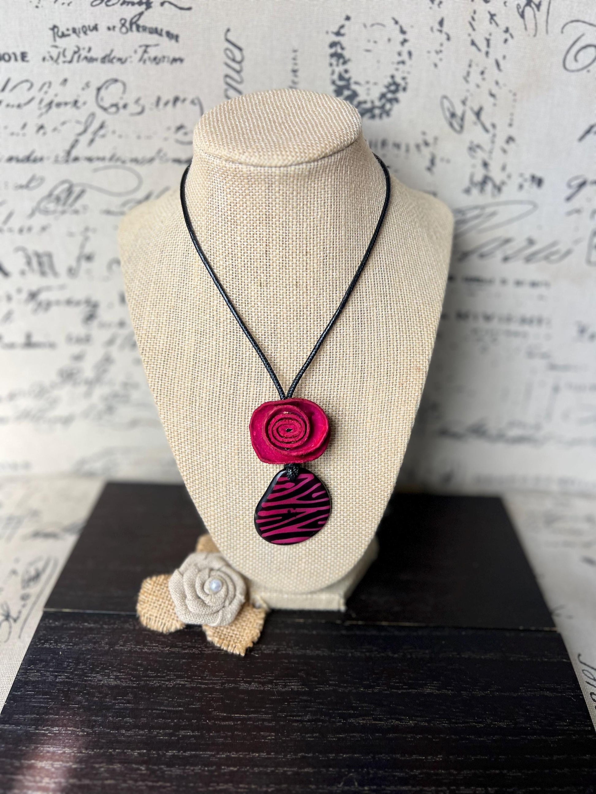 Hot pink flower pendant necklace Dainty rose necklace Rose necklace Adjustable cord Art to wear Artistic necklace Feminine artsy gifts