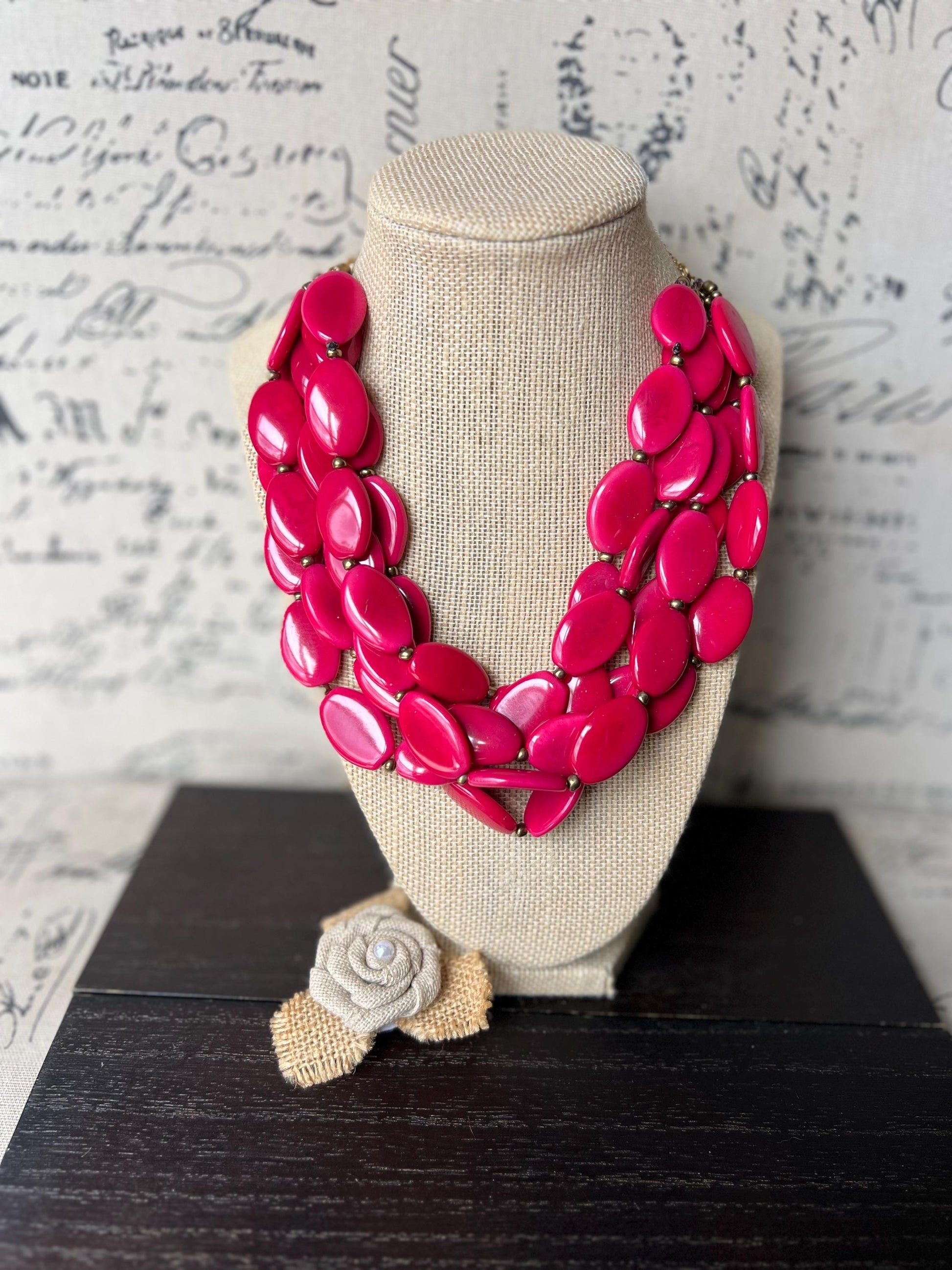 Red beaded necklace Tagua jewelry Statement necklace for women chunky Christmas gifts Wearable art Multi layer necklace Big bold bib