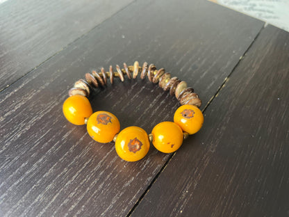 Yellow beaded bracelet Tagua and coconut jewelry Artsy gifts Fun unusual bracelet Art to wear Elastic stretch bangle