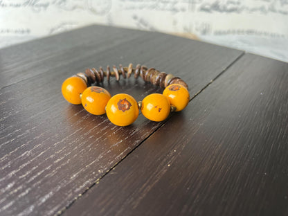 Yellow beaded bracelet Tagua and coconut jewelry Artsy gifts Fun unusual bracelet Art to wear Elastic stretch bangle