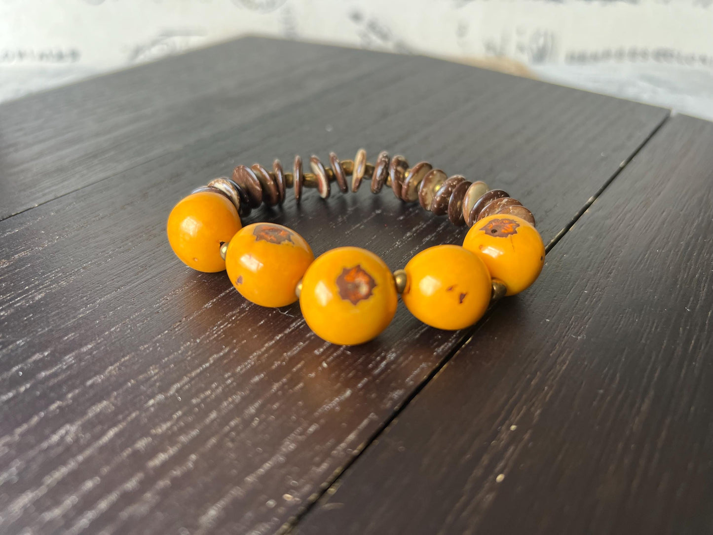 Yellow beaded bracelet Tagua and coconut jewelry Artsy gifts Fun unusual bracelet Art to wear Elastic stretch bangle