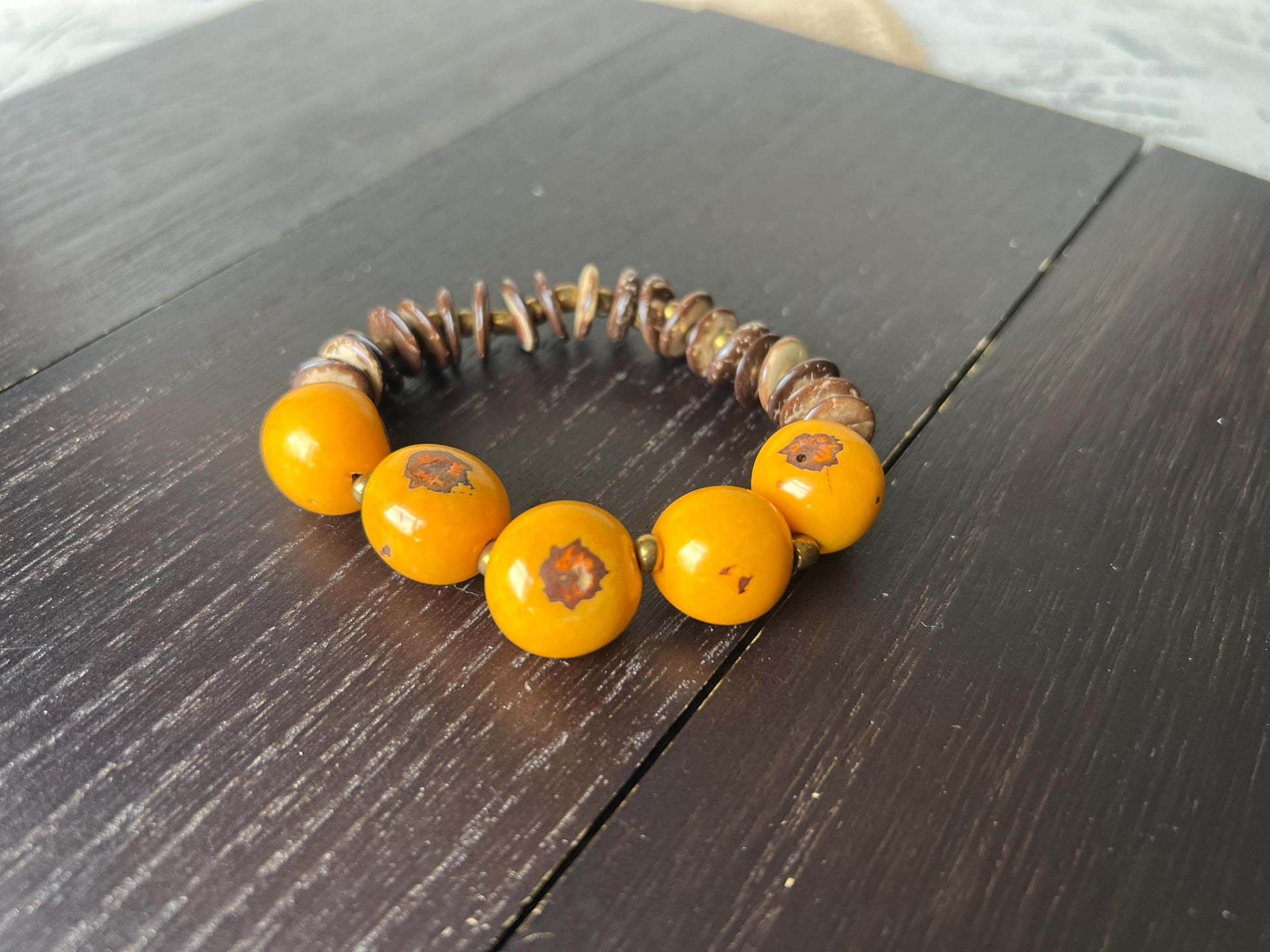 Yellow beaded bracelet Tagua and coconut jewelry Artsy gifts Fun unusual bracelet Art to wear Elastic stretch bangle