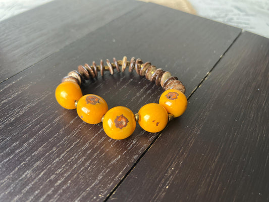 Yellow beaded bracelet Tagua and coconut jewelry Artsy gifts Fun unusual bracelet Art to wear Elastic stretch bangle