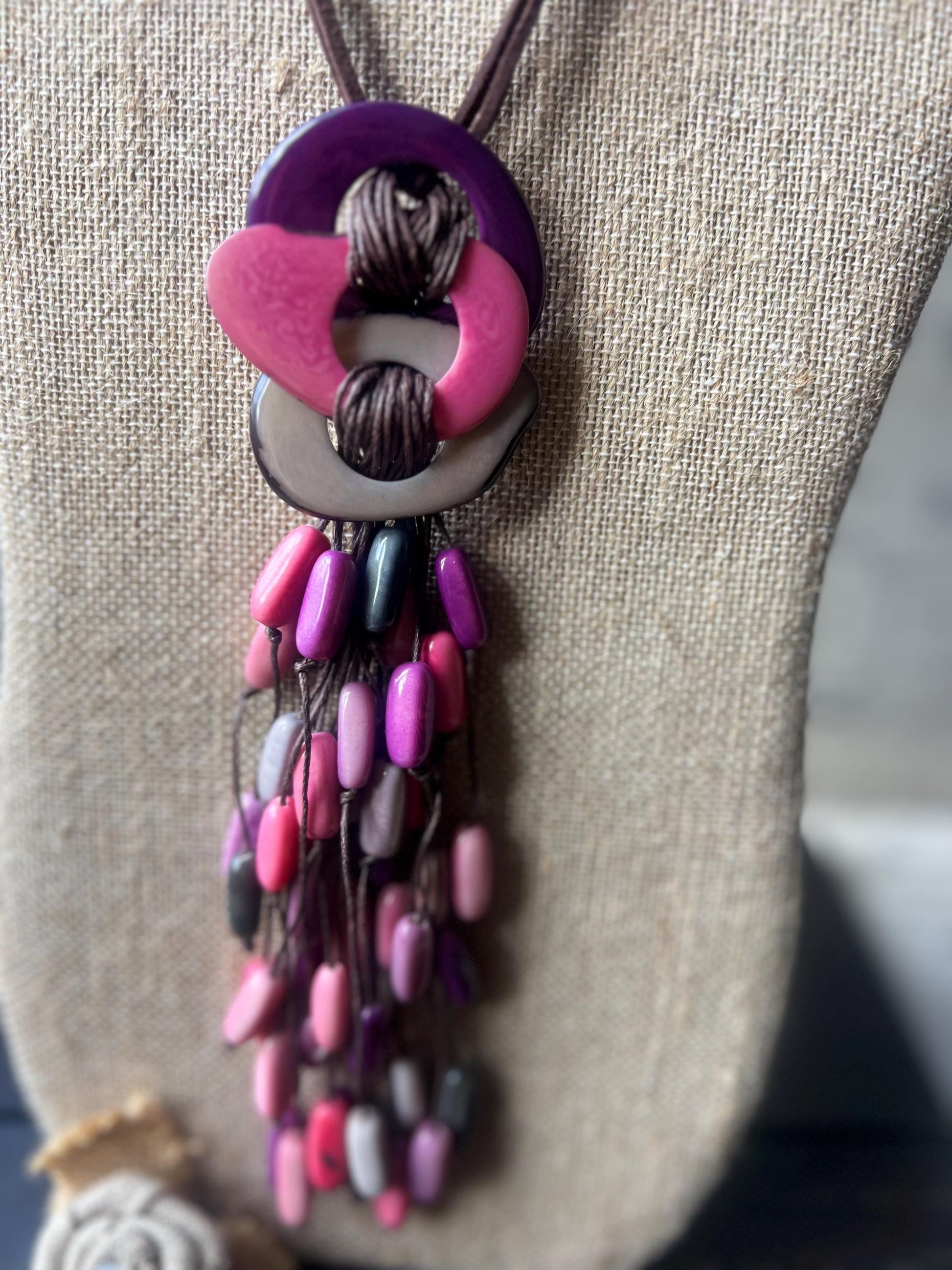 Tagua Nut Pendant Necklace: Pink Gray Macrame Fringe, Adjustable cord, Lightweight jewelry