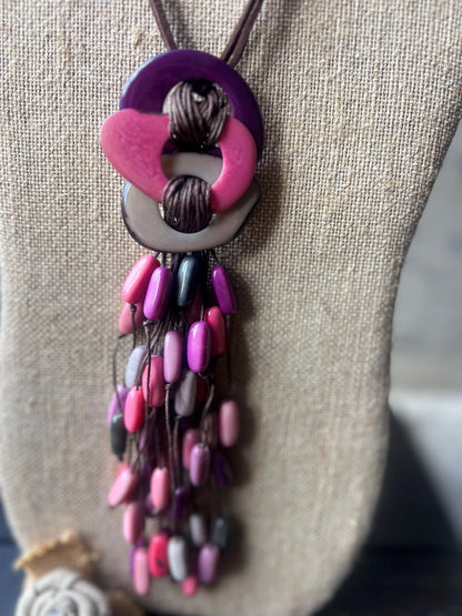 Tagua Nut Pendant Necklace: Pink Gray Macrame Fringe, Adjustable cord, Lightweight jewelry