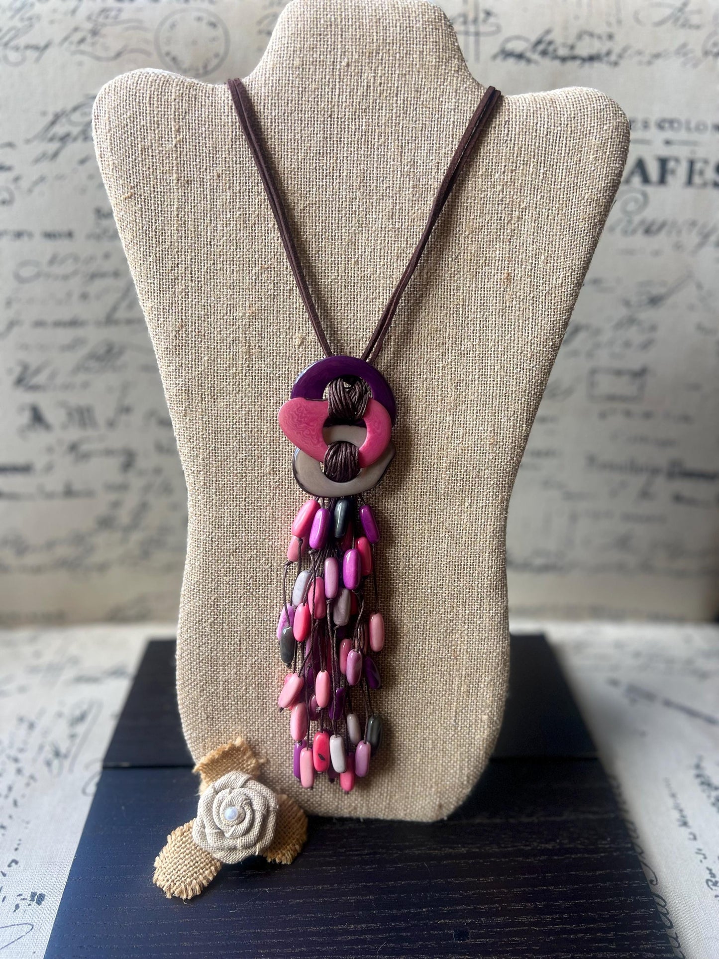 Tagua Nut Pendant Necklace: Pink Gray Macrame Fringe, Adjustable cord, Lightweight jewelry