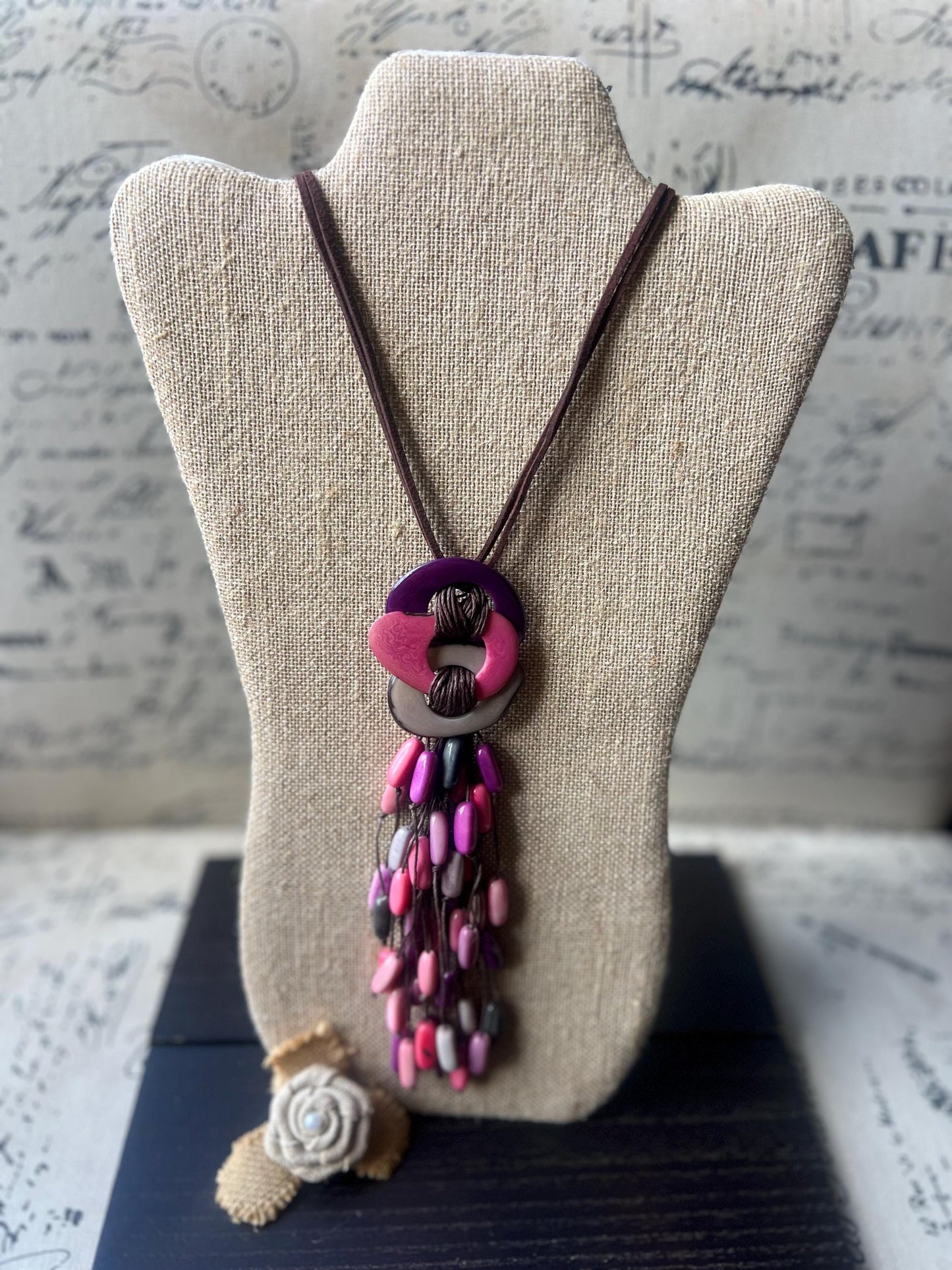 Tagua Nut Pendant Necklace: Pink Gray Macrame Fringe, Adjustable cord, Lightweight jewelry