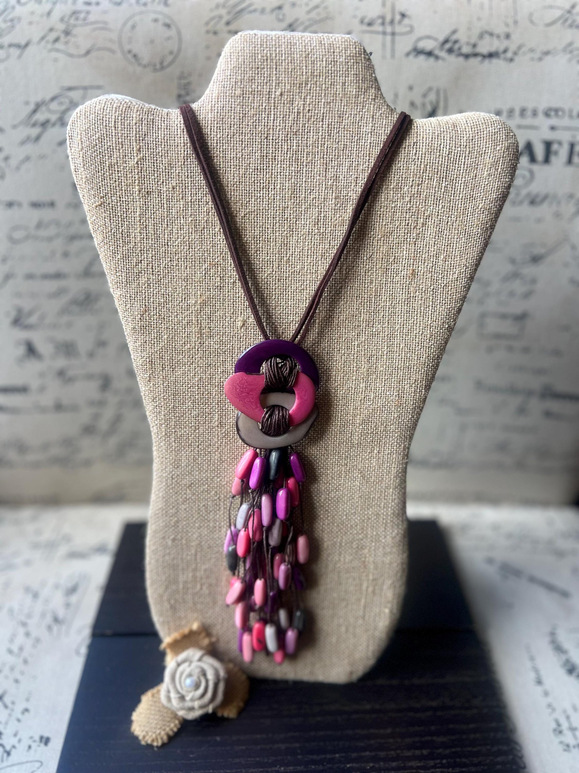 Tagua Nut Pendant Necklace: Pink Gray Macrame Fringe, Adjustable cord, Lightweight jewelry