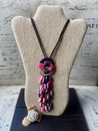 Tagua Nut Pendant Necklace: Pink Gray Macrame Fringe, Adjustable cord, Lightweight jewelry