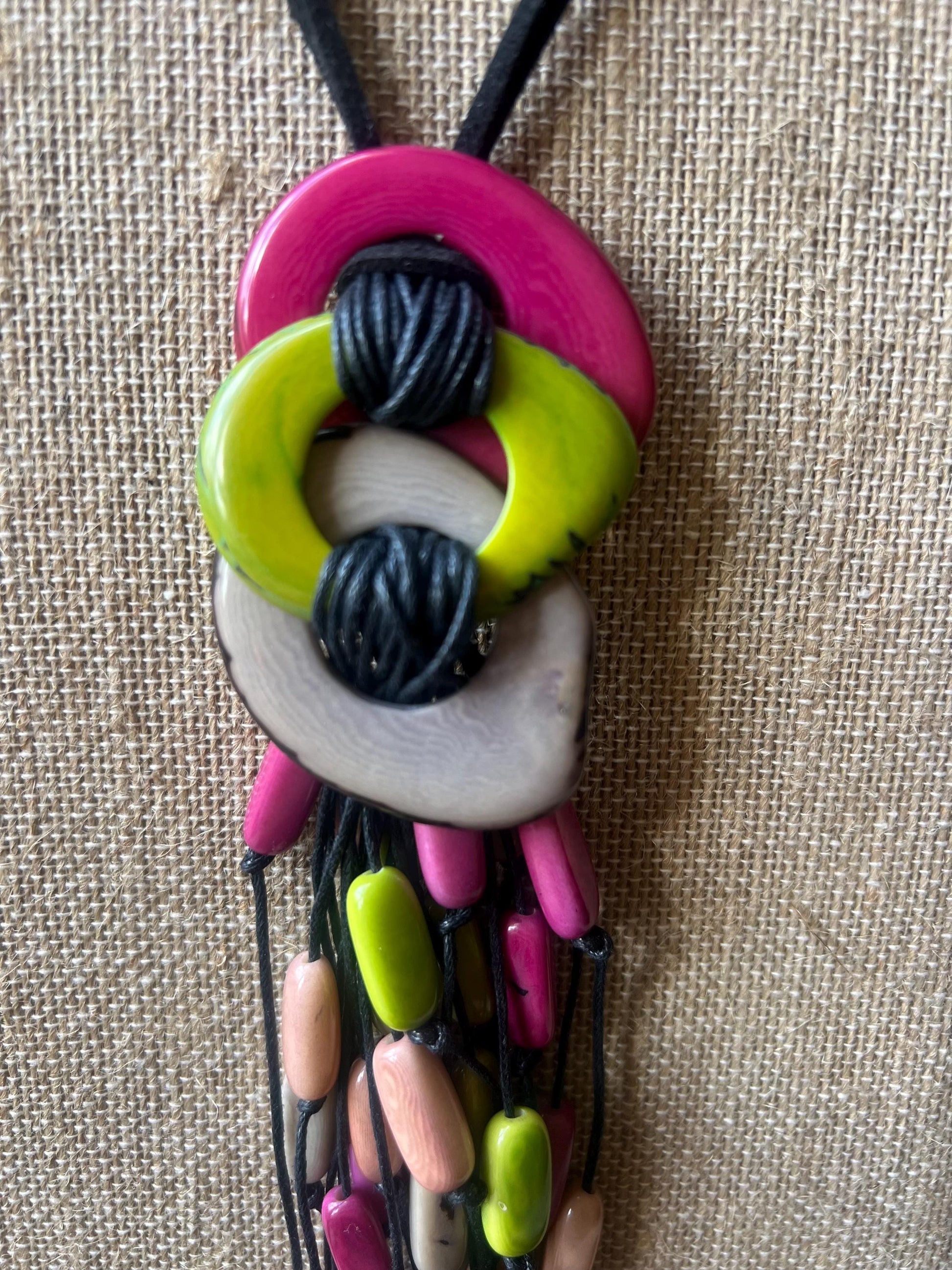 Tagua Nut Pendant Necklace: Pink Gray Macrame Fringe, Adjustable cord, Lightweight jewelry