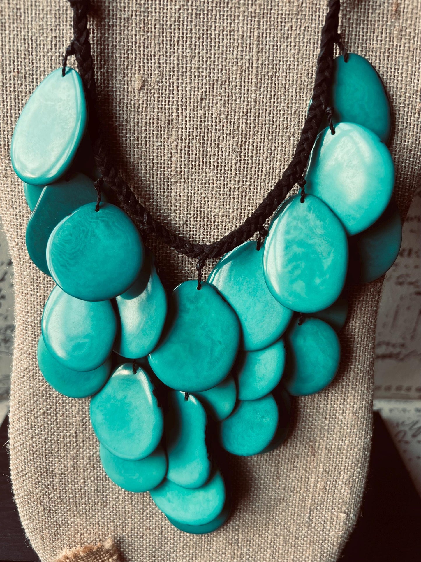Turquoise green waterfall necklace Tagua jewelry Big bold necklaces Statement beaded bib Wearable art
