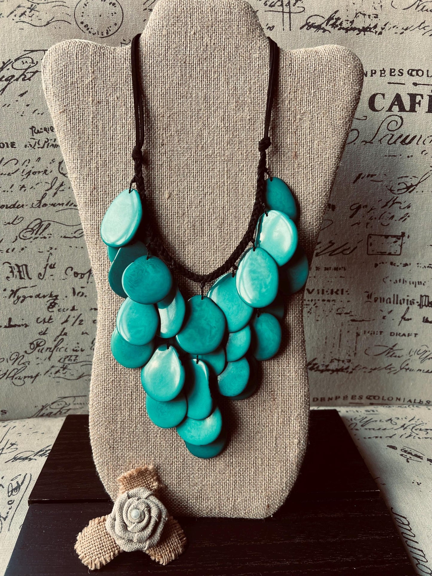 Turquoise green waterfall necklace Tagua jewelry Big bold necklaces Statement beaded bib Wearable art