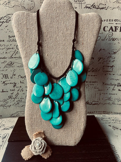 Turquoise green waterfall necklace Tagua jewelry Big bold necklaces Statement beaded bib Wearable art