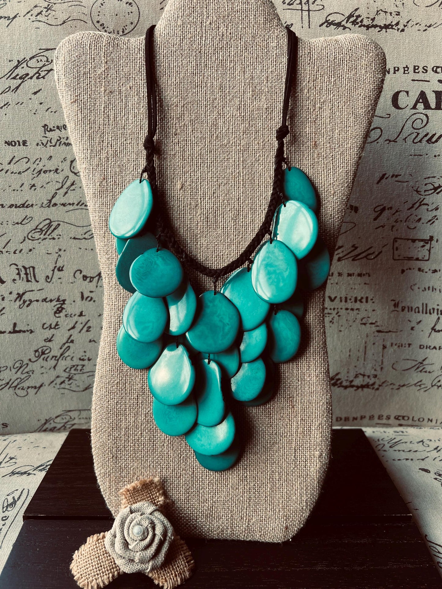 Turquoise green waterfall necklace Tagua jewelry Big bold necklaces Statement beaded bib Wearable art
