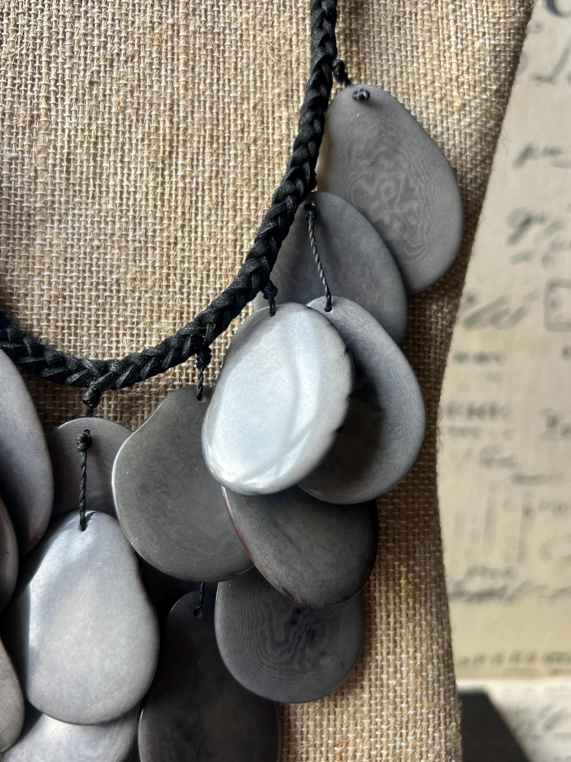 Gray waterfall necklace Tagua jewelry Big bold necklaces Statement beaded bib Wearable art