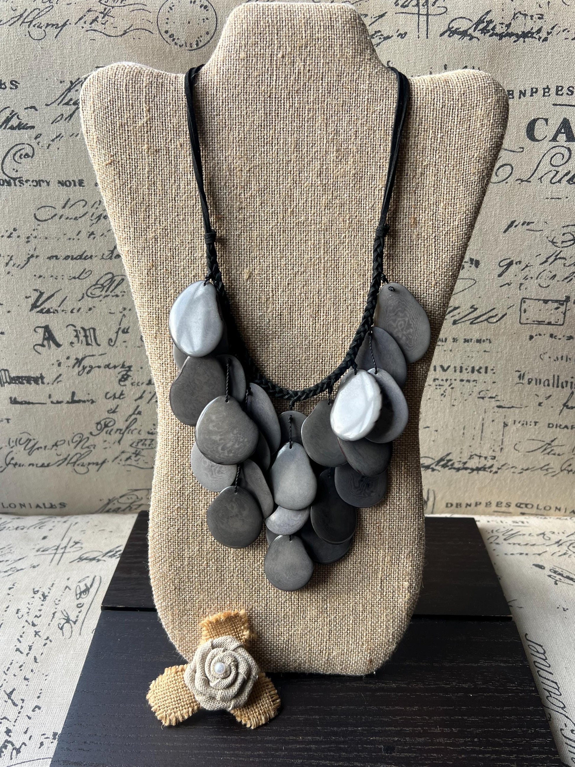 Gray waterfall necklace Tagua jewelry Big bold necklaces Statement beaded bib Wearable art