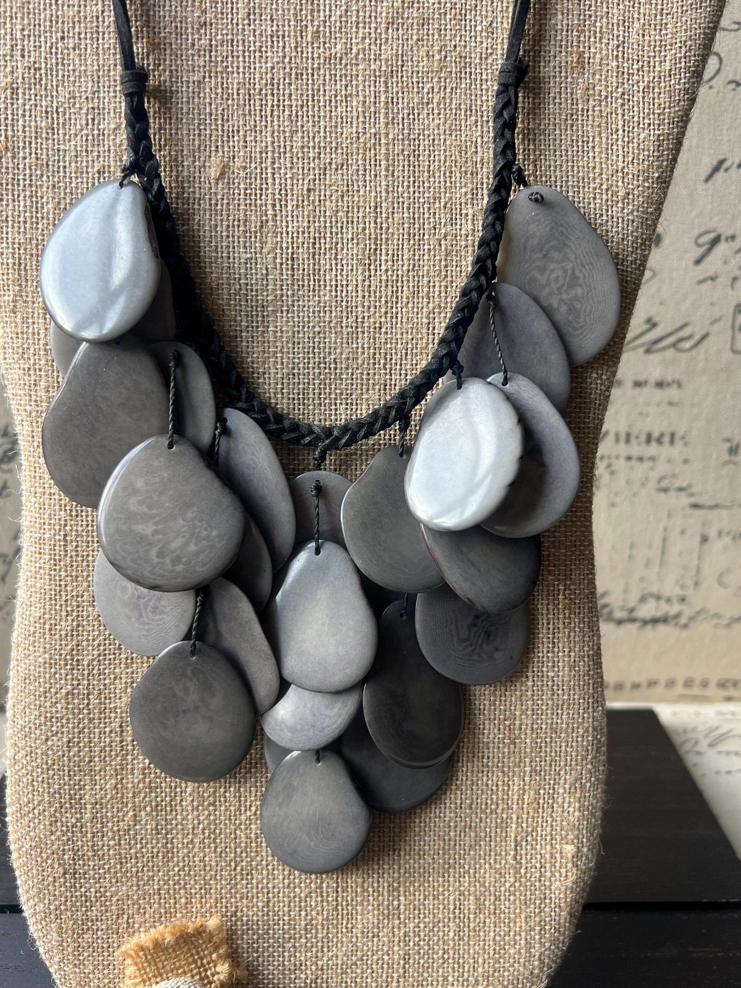 Gray waterfall necklace Tagua jewelry Big bold necklaces Statement beaded bib Wearable art