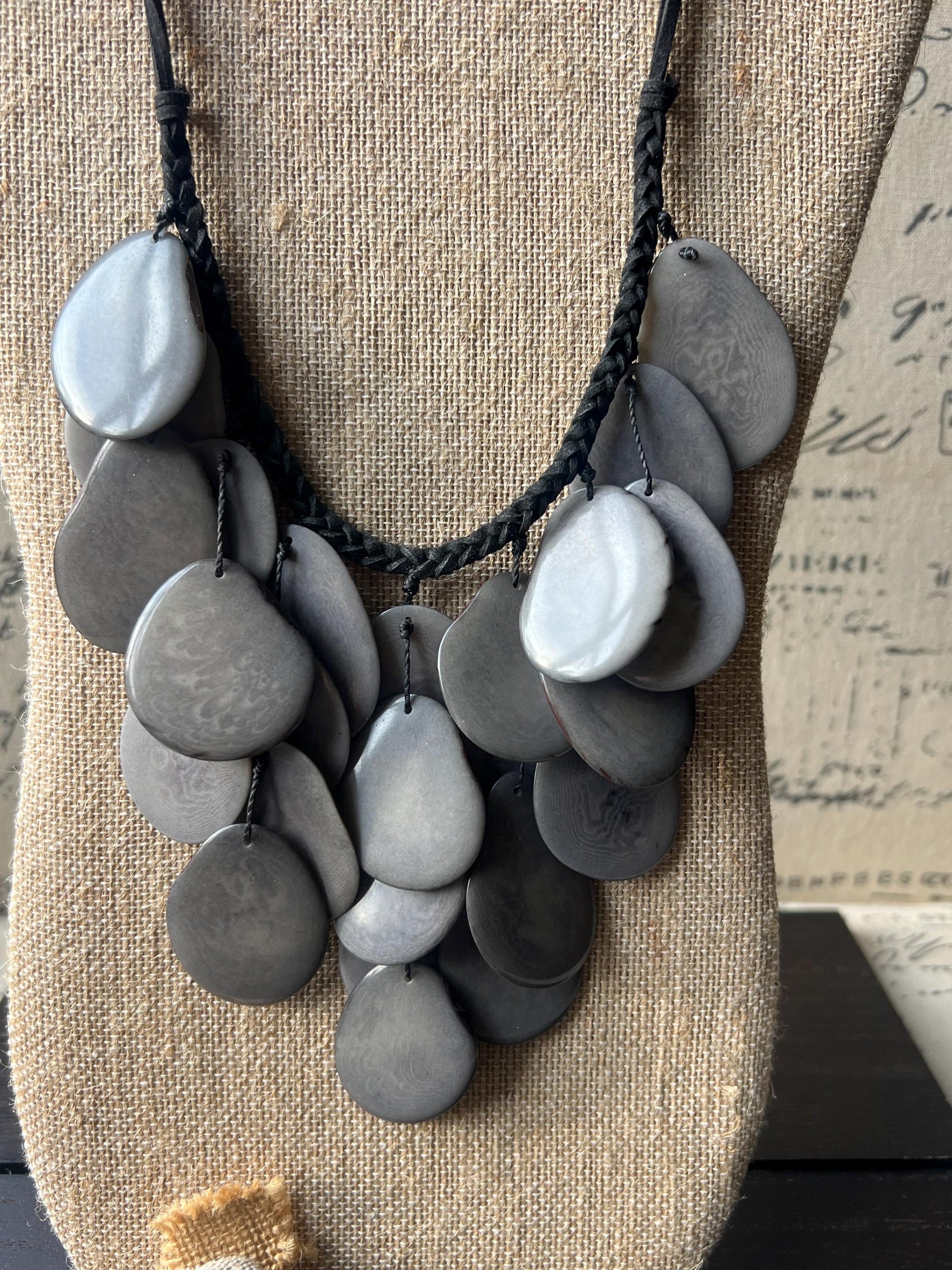 Gray waterfall necklace Tagua jewelry Big bold necklaces Statement beaded bib Wearable art