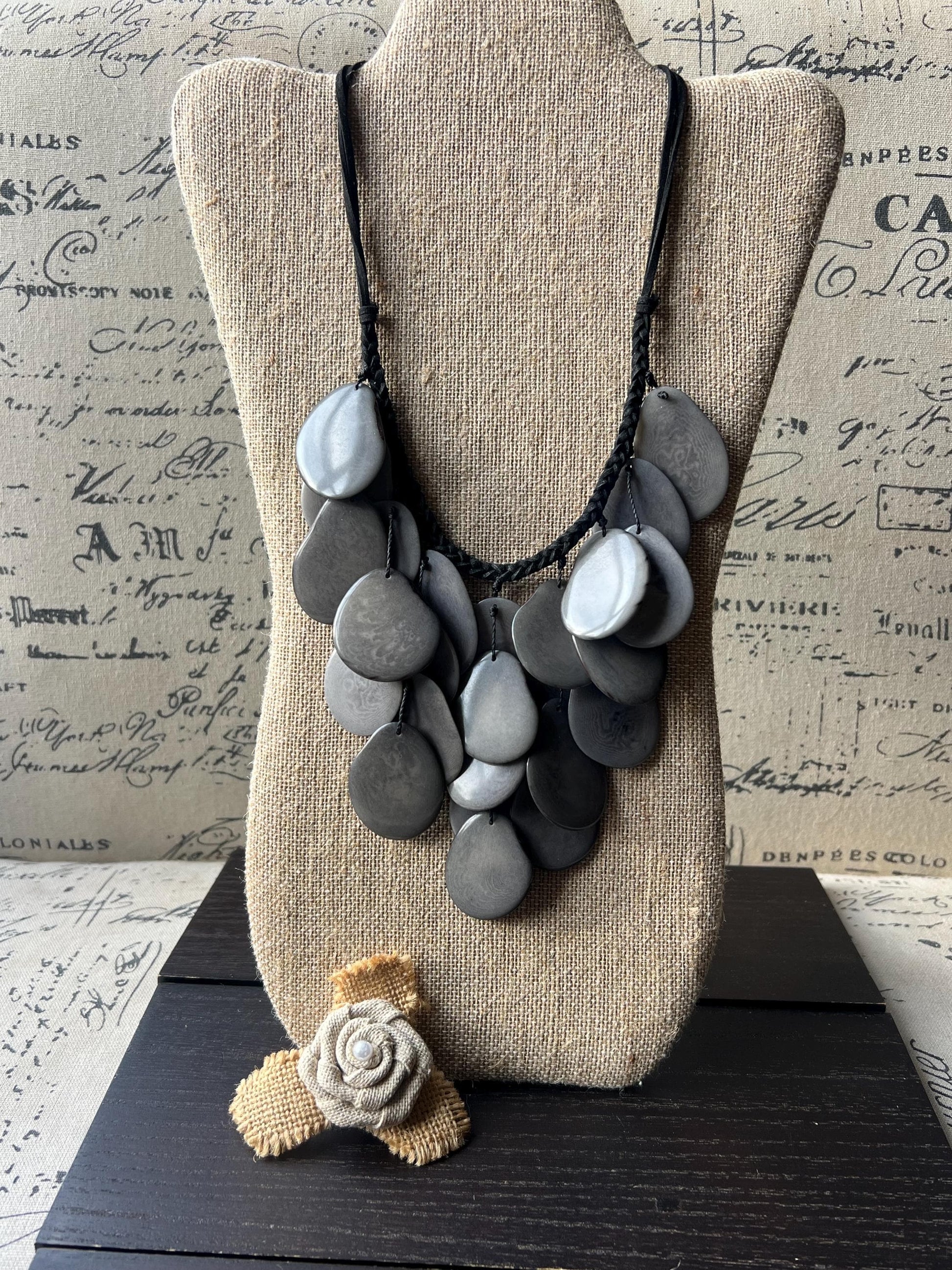 Gray waterfall necklace Tagua jewelry Big bold necklaces Statement beaded bib Wearable art