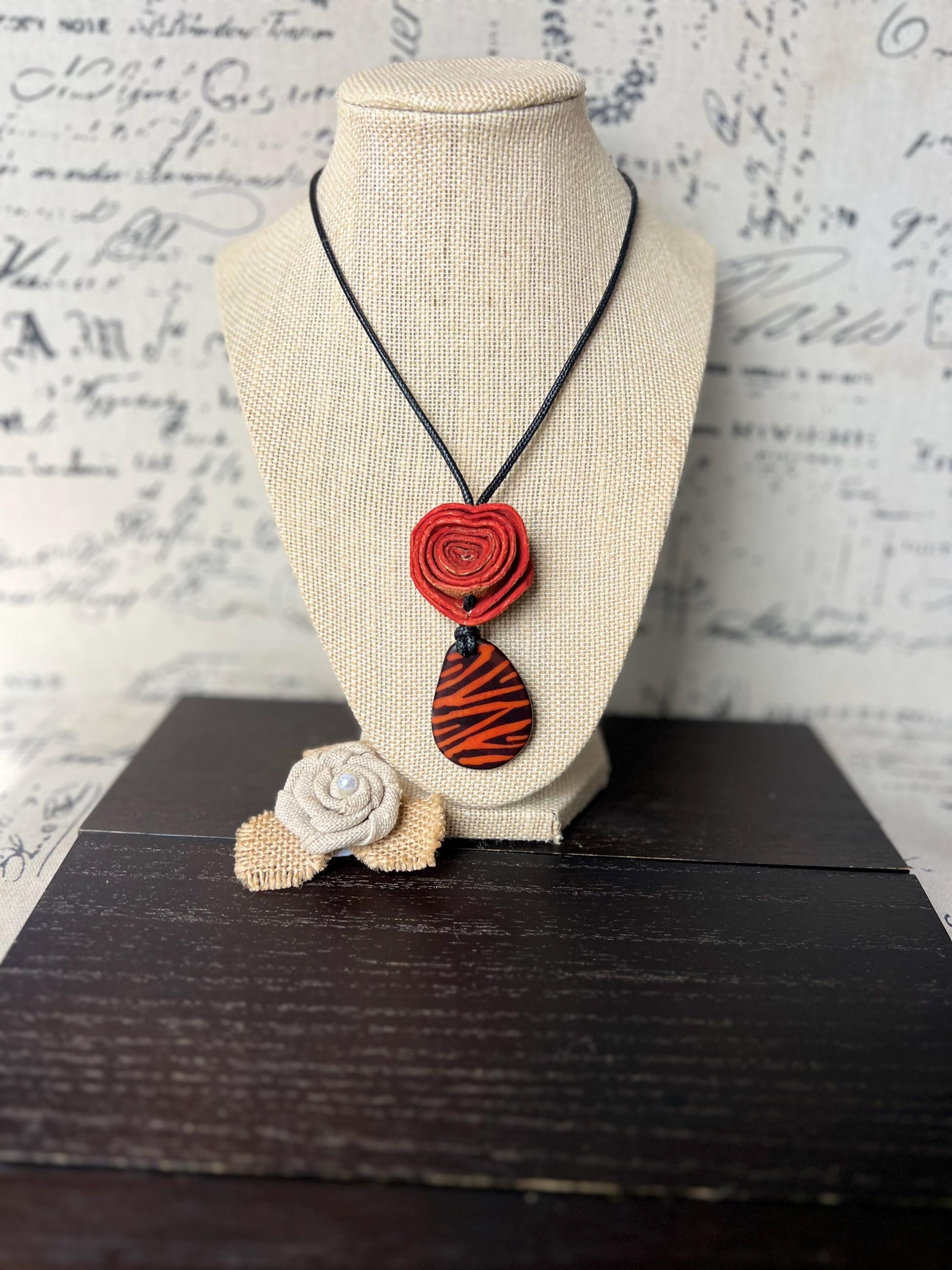 Orange rose pendant necklace Dainty flower necklace Adjustable cord Art to wear Artistic necklace Feminine artsy gifts