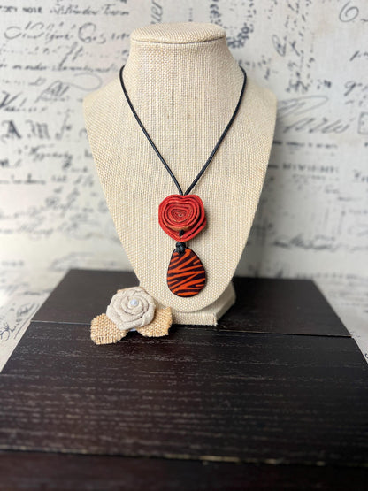 Orange rose pendant necklace Dainty flower necklace Adjustable cord Art to wear Artistic necklace Feminine artsy gifts