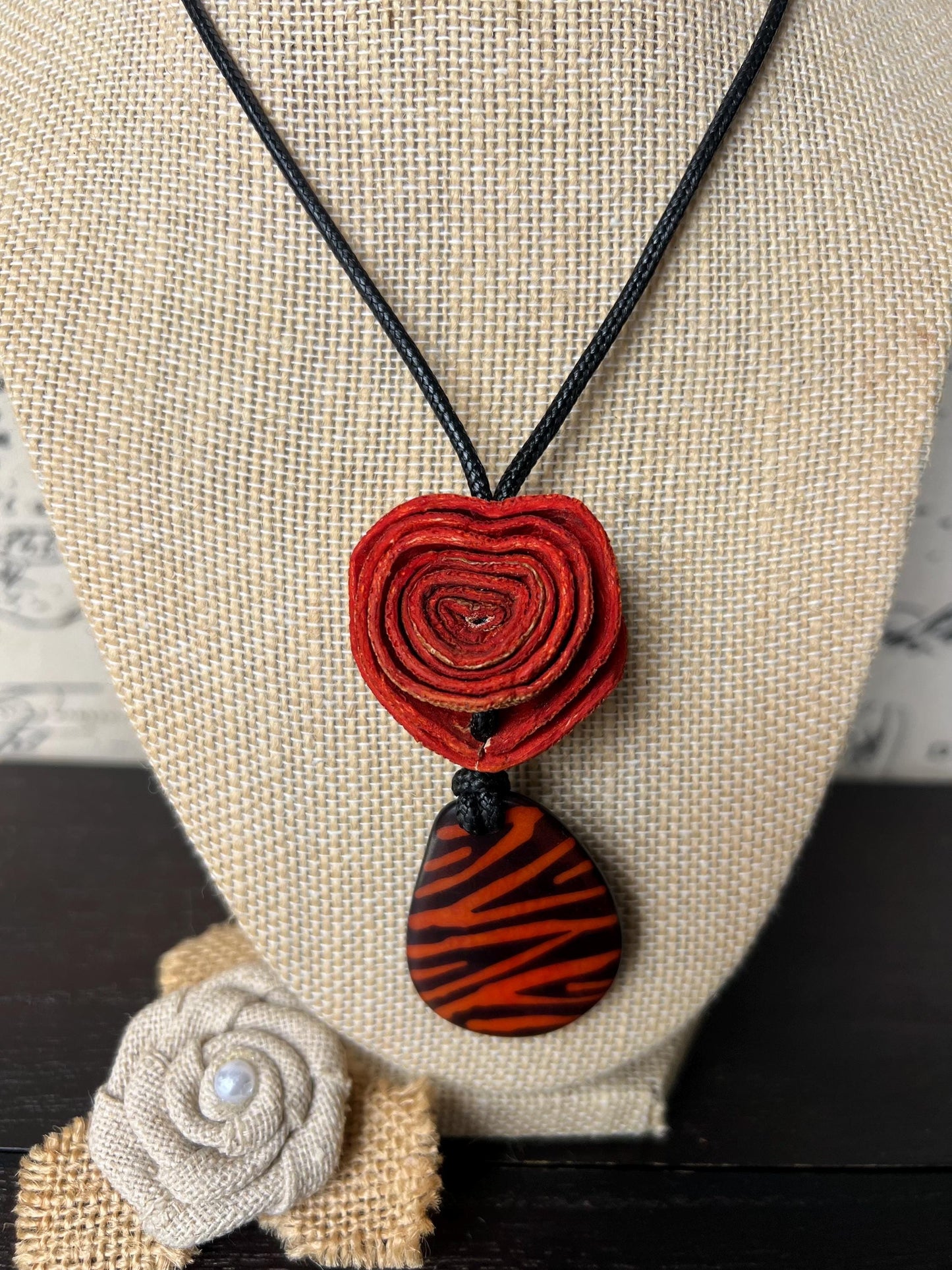 Orange rose pendant necklace Dainty flower necklace Adjustable cord Art to wear Artistic necklace Feminine artsy gifts