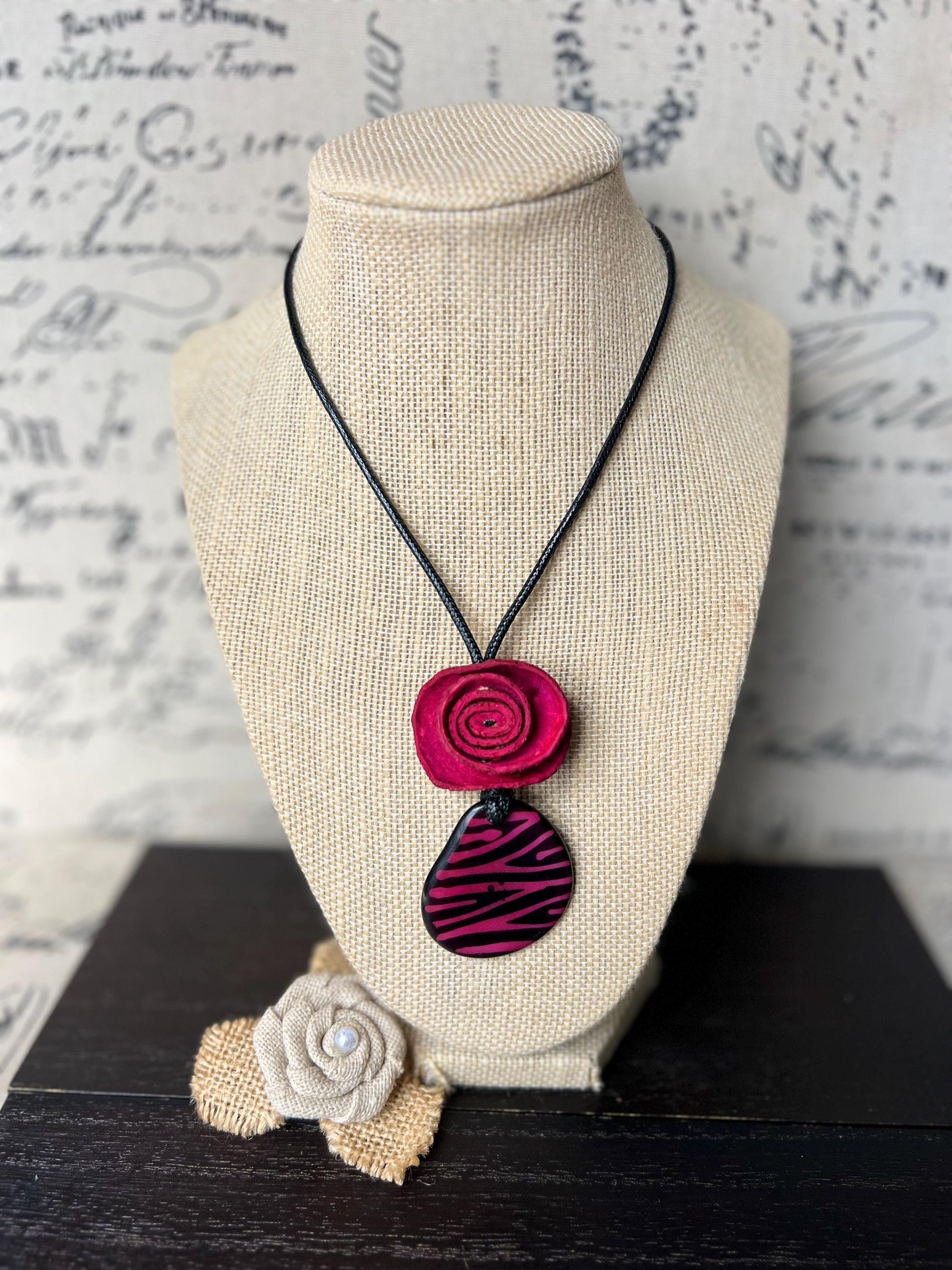 Hot pink flower pendant necklace Dainty rose necklace Rose necklace Adjustable cord Art to wear Artistic necklace Feminine artsy gifts