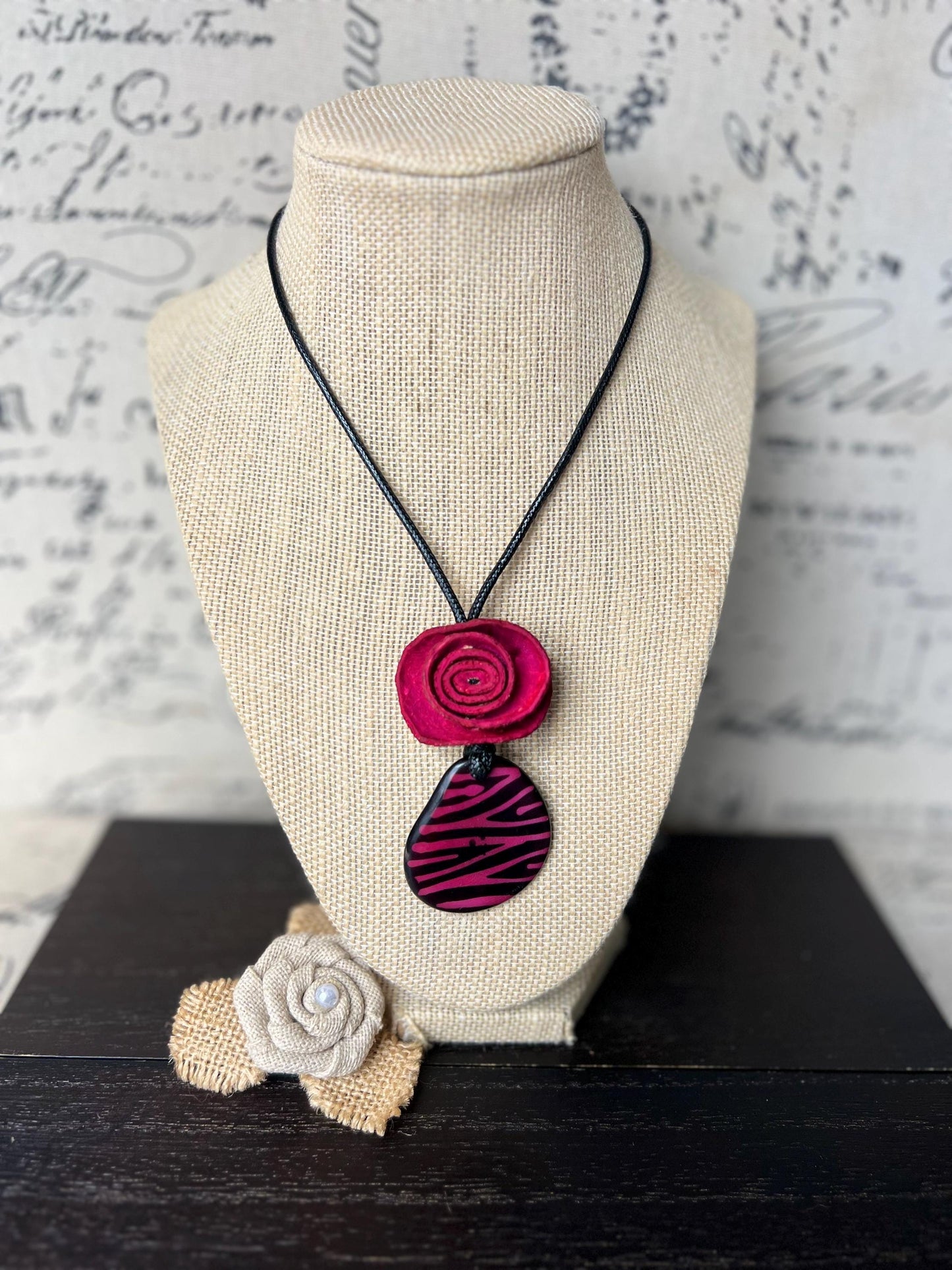 Hot pink flower pendant necklace Dainty rose necklace Rose necklace Adjustable cord Art to wear Artistic necklace Feminine artsy gifts