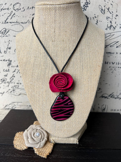 Hot pink flower pendant necklace Dainty rose necklace Rose necklace Adjustable cord Art to wear Artistic necklace Feminine artsy gifts