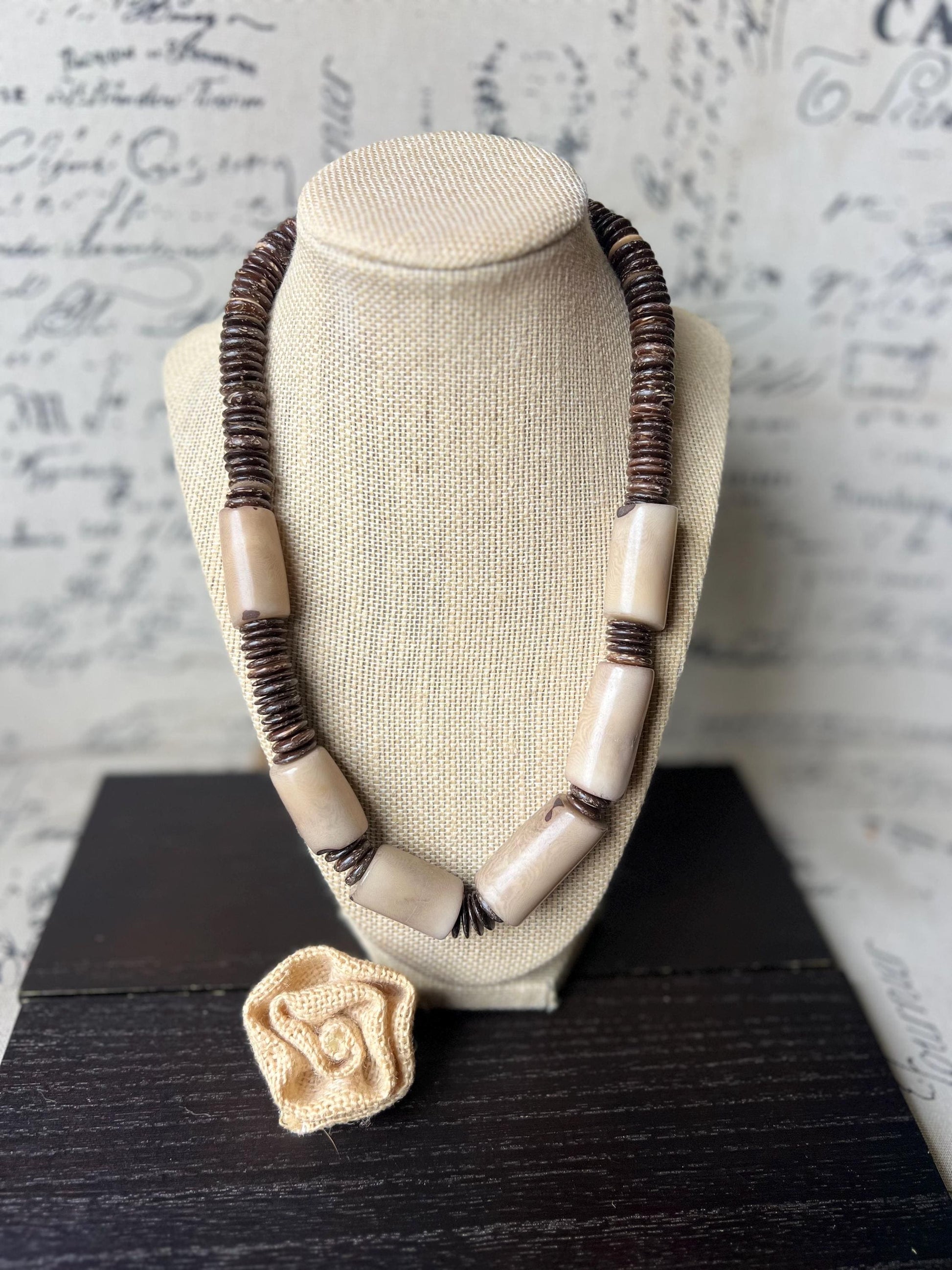 Beige Tagua Nut Necklace with Coconut Beads: Handmade Statement Jewelry for Women