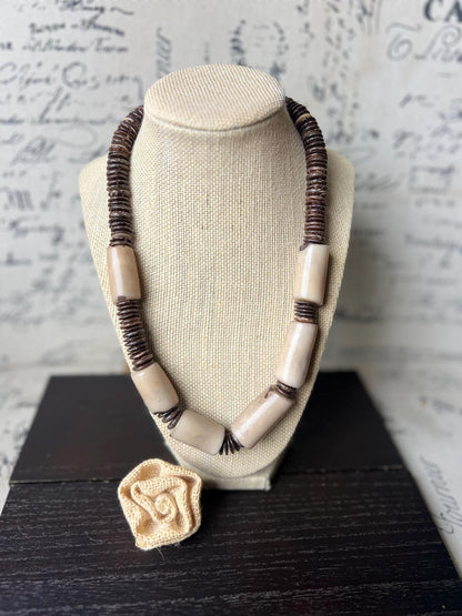 Beige Tagua Nut Necklace with Coconut Beads: Handmade Statement Jewelry for Women