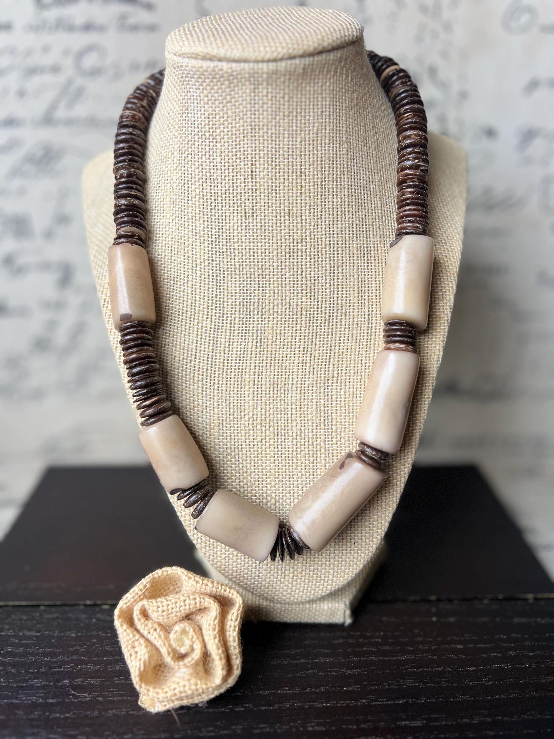 Beige Tagua Nut Necklace with Coconut Beads: Handmade Statement Jewelry for Women